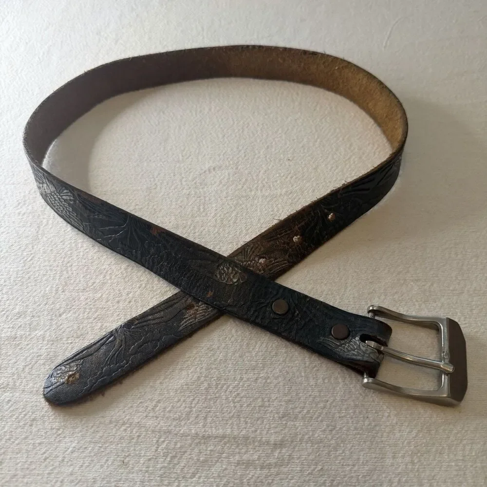 Steven Tooled Brown Leather Belt with Silver Buckle 1 1/8” W X 36 1/4” L